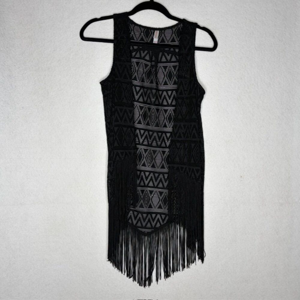 Xhilaration Black Crochet Fringe Festival Vest Size XS Boho Western Whimsigoth